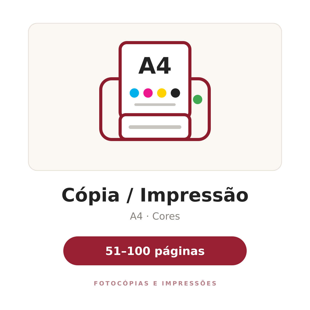 Cópia / Impressão A4 Cores - 51 a 100 páginas
